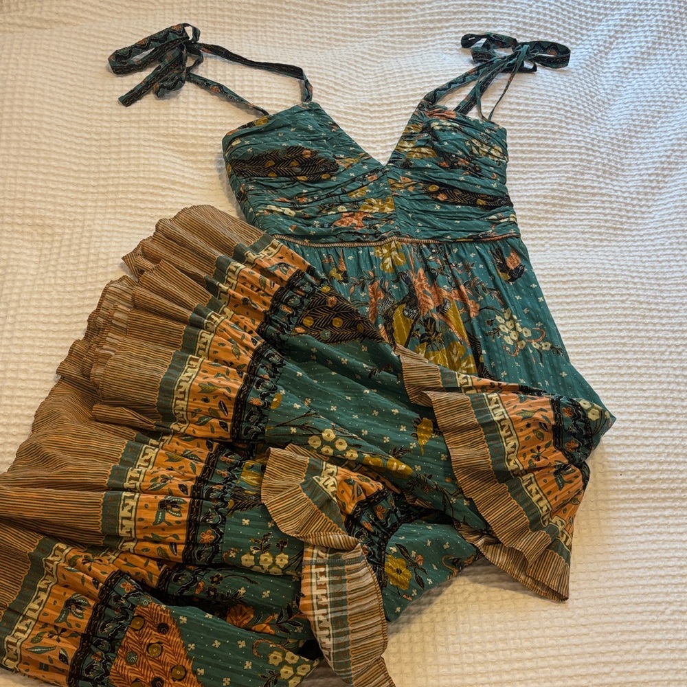 Ulla Johnson Teal Floral Tiered Maxi Dress with Mustard & Brown Trim